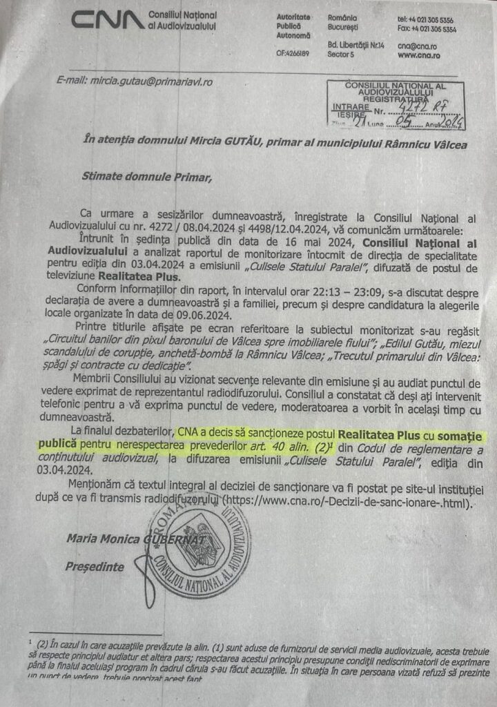 CNA amendează RealitateaPLUS, pentru minciunile despre Mircia Gutău, comandate de AUR și PNL. 1 signal 2024 05 29 153750 002