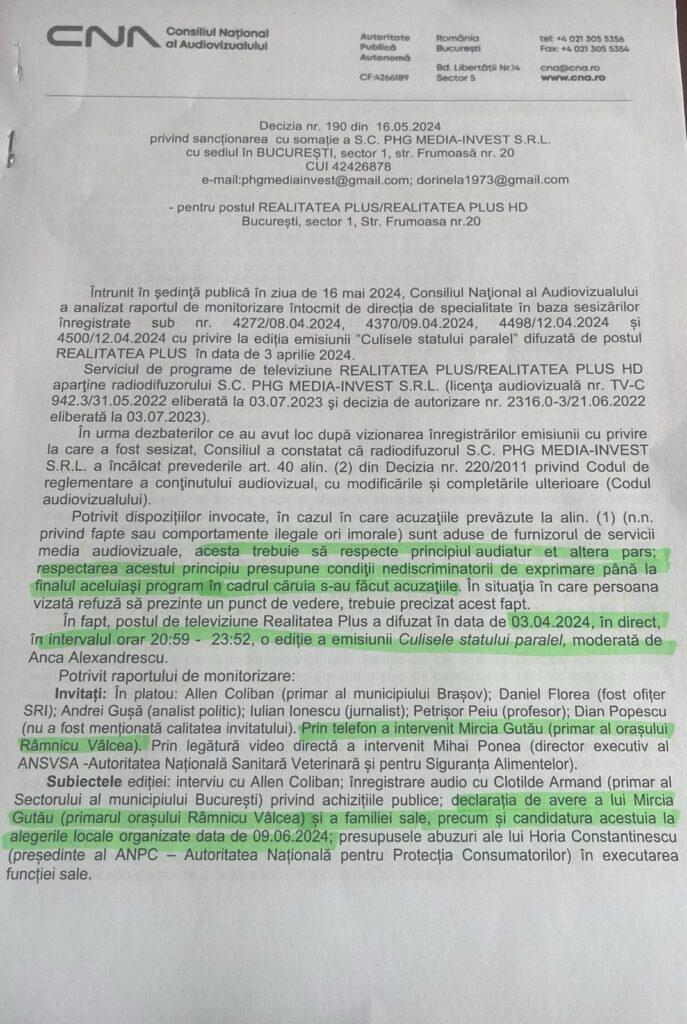 CNA amendează RealitateaPLUS, pentru minciunile despre Mircia Gutău, comandate de AUR și PNL. 2 signal 2024 05 29 153757 002